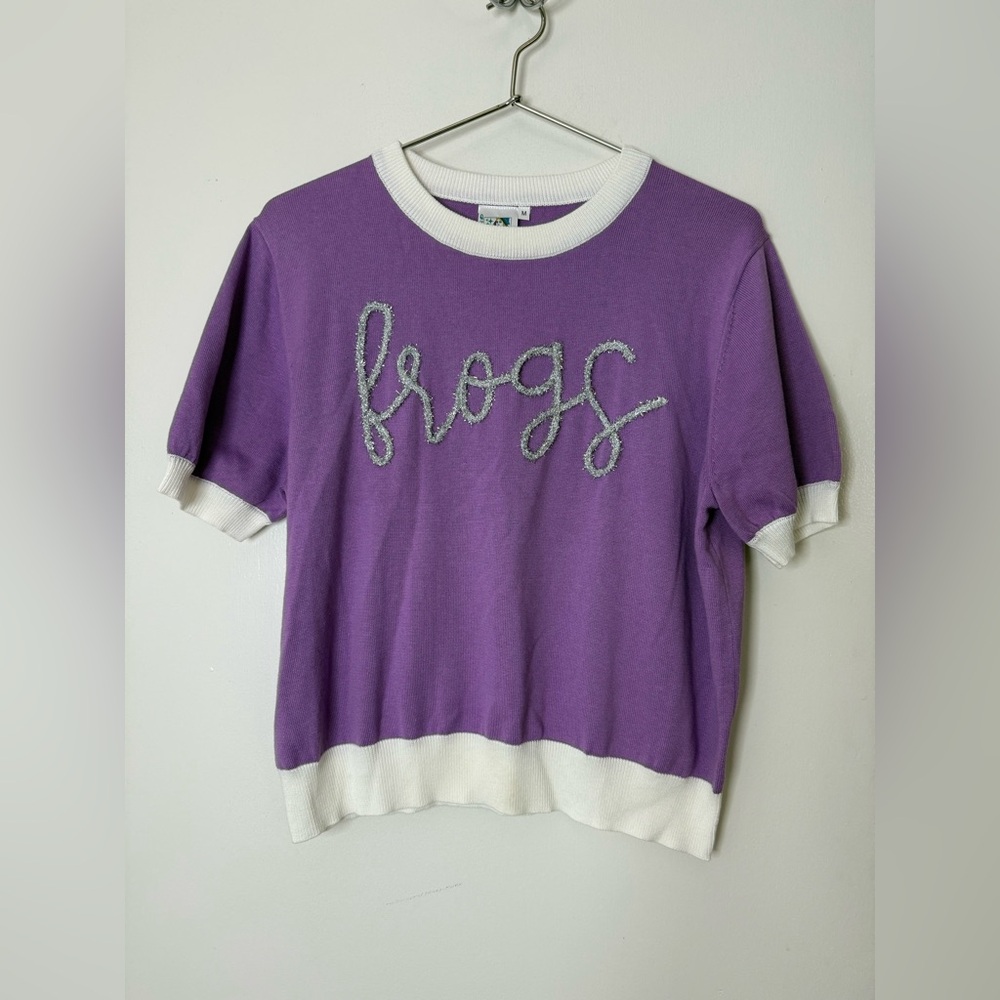 Queen of sparkles, short sleeve, purple, white, silver, frogs sweater TCU M